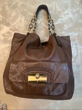 Coach Chocolate Brown Leather Shoulder Bag with Gold-Tone Chain Handles